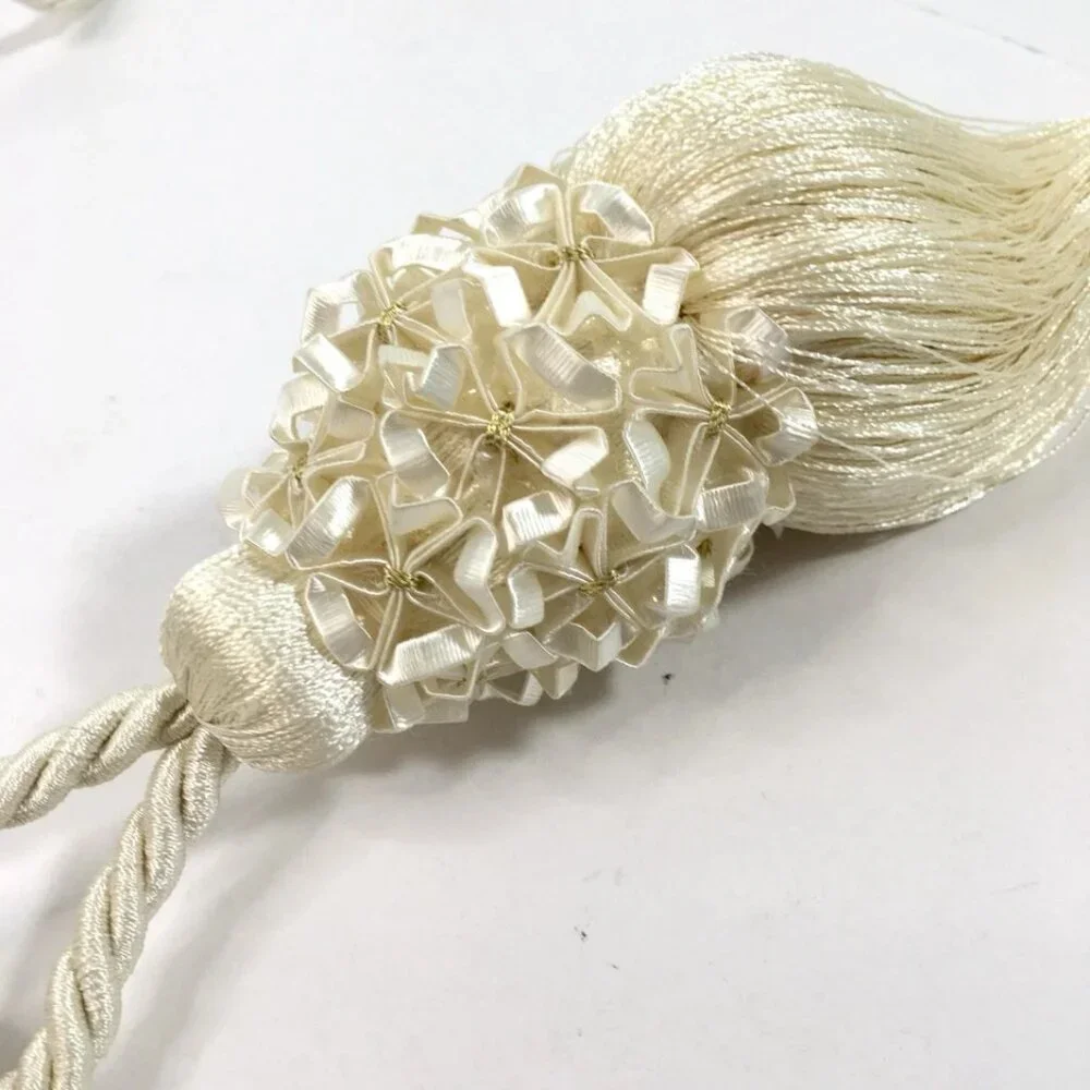 4 Large Drapery Curtain Tiebacks 11”Tassel 16”Rope Ivory Victorian Fairy Whimsy